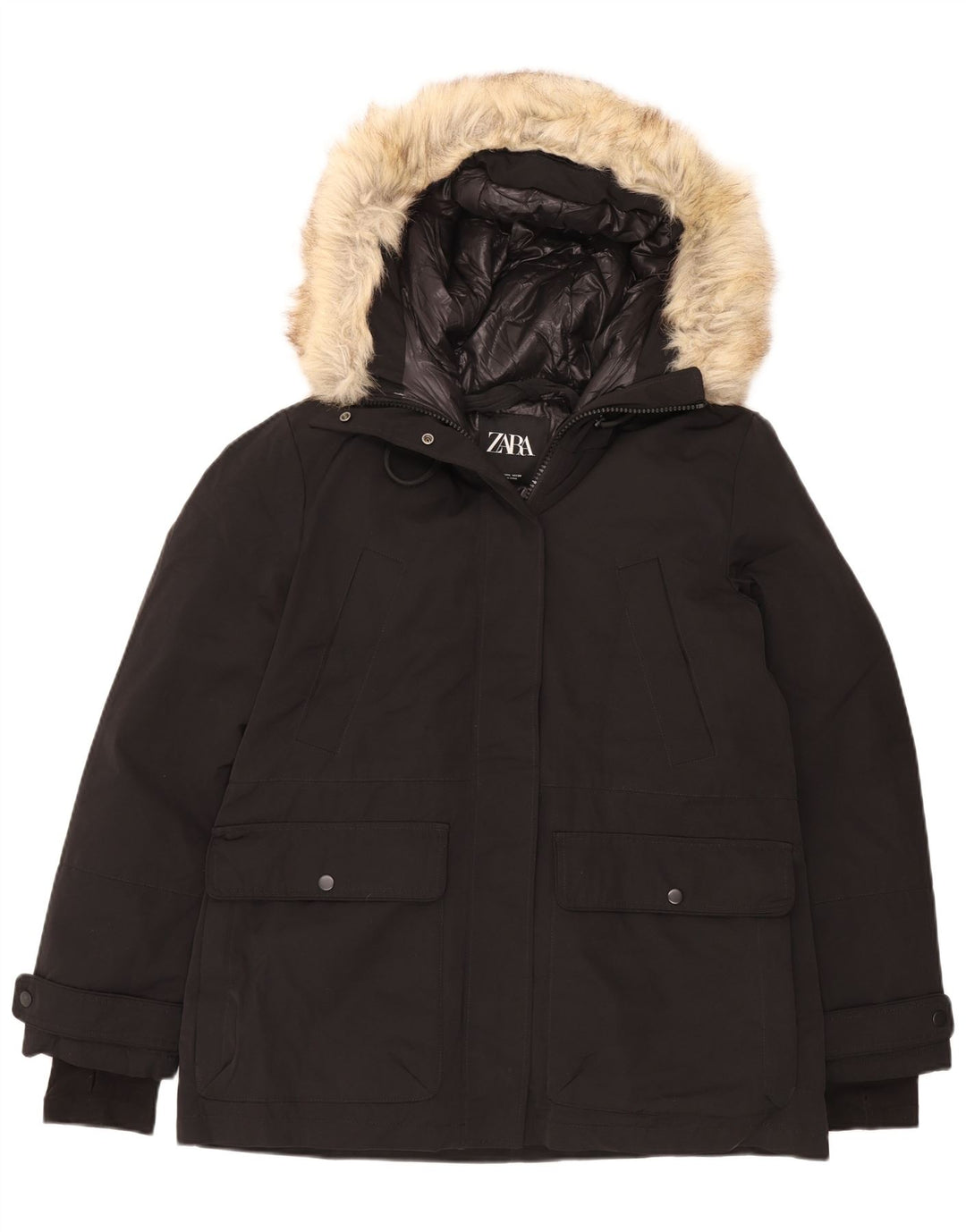 Zara Dame Hætte Polstret Jakke UK 16 Stor Sort Polyester