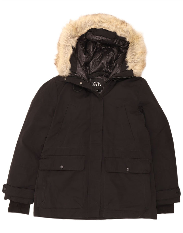 Zara Dame Hætte Polstret Jakke UK 16 Stor Sort Polyester