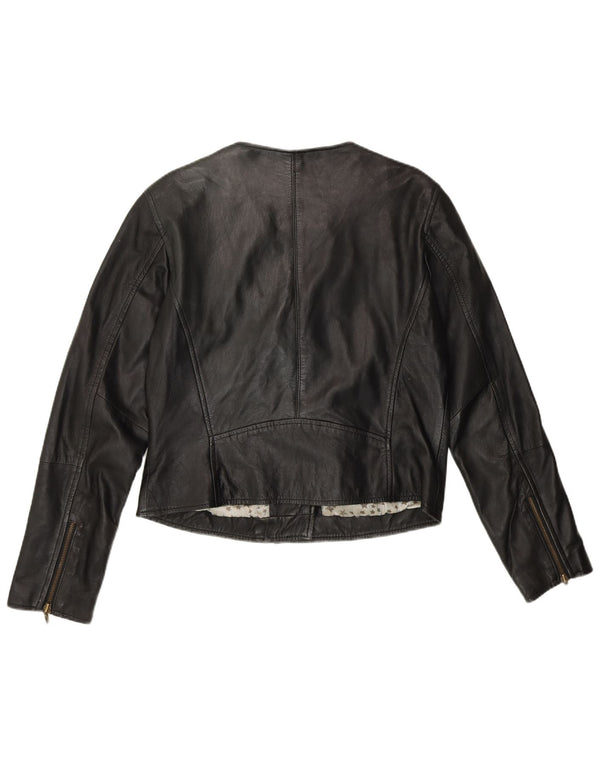 RINO & PELLE Dame Crop Biker Læderjakke UK 12 Medium Sort Læder