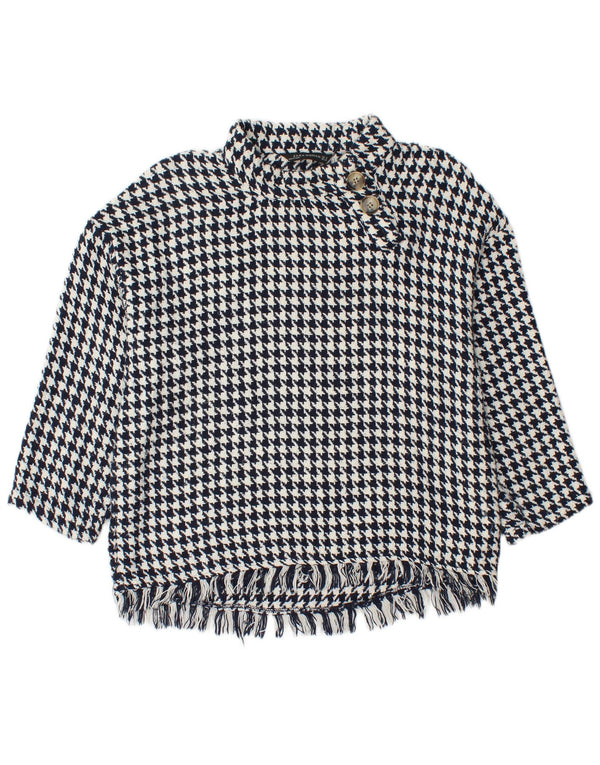 Zara Womens Button Neck Jumper Sweater UK 14 Medium Navy Blue Houndstooth