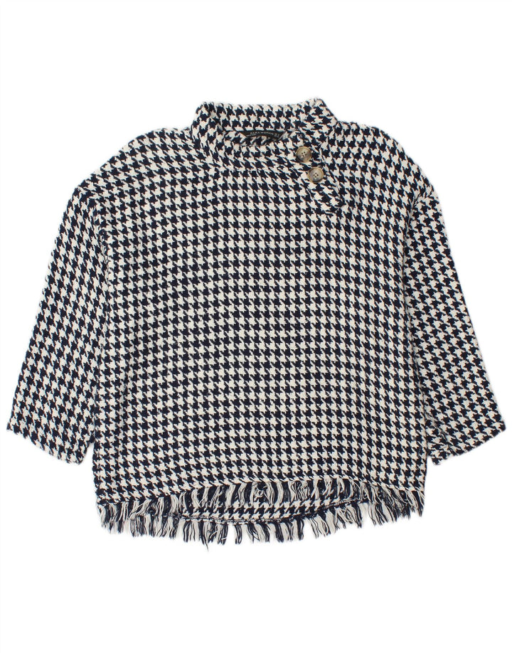 Zara Womens Button Neck Jumper Sweater UK 14 Medium Navy Blue Houndstooth