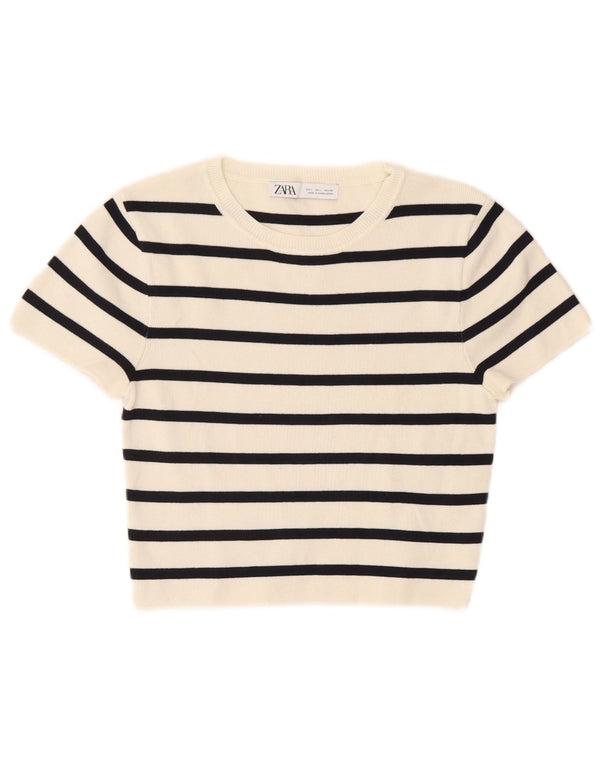 Zara Womens Crop Boat Neck Jumper Sweater UK 14 Large White Striped