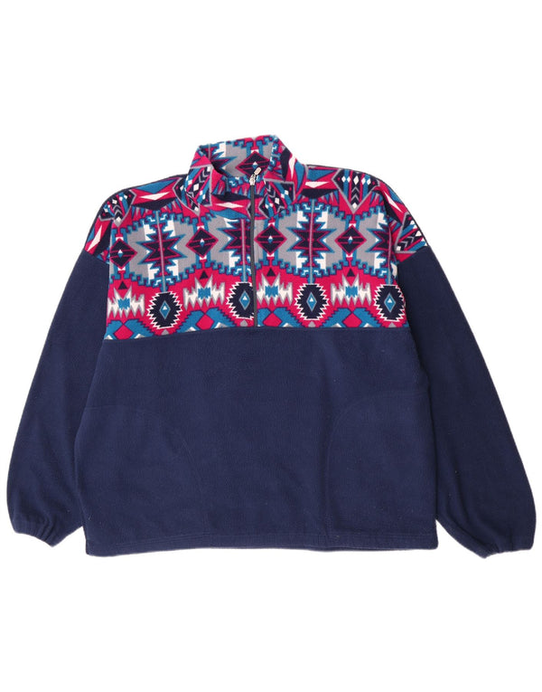 Vintage herre lynlås hals fleece jumper XL marineblå geometrisk