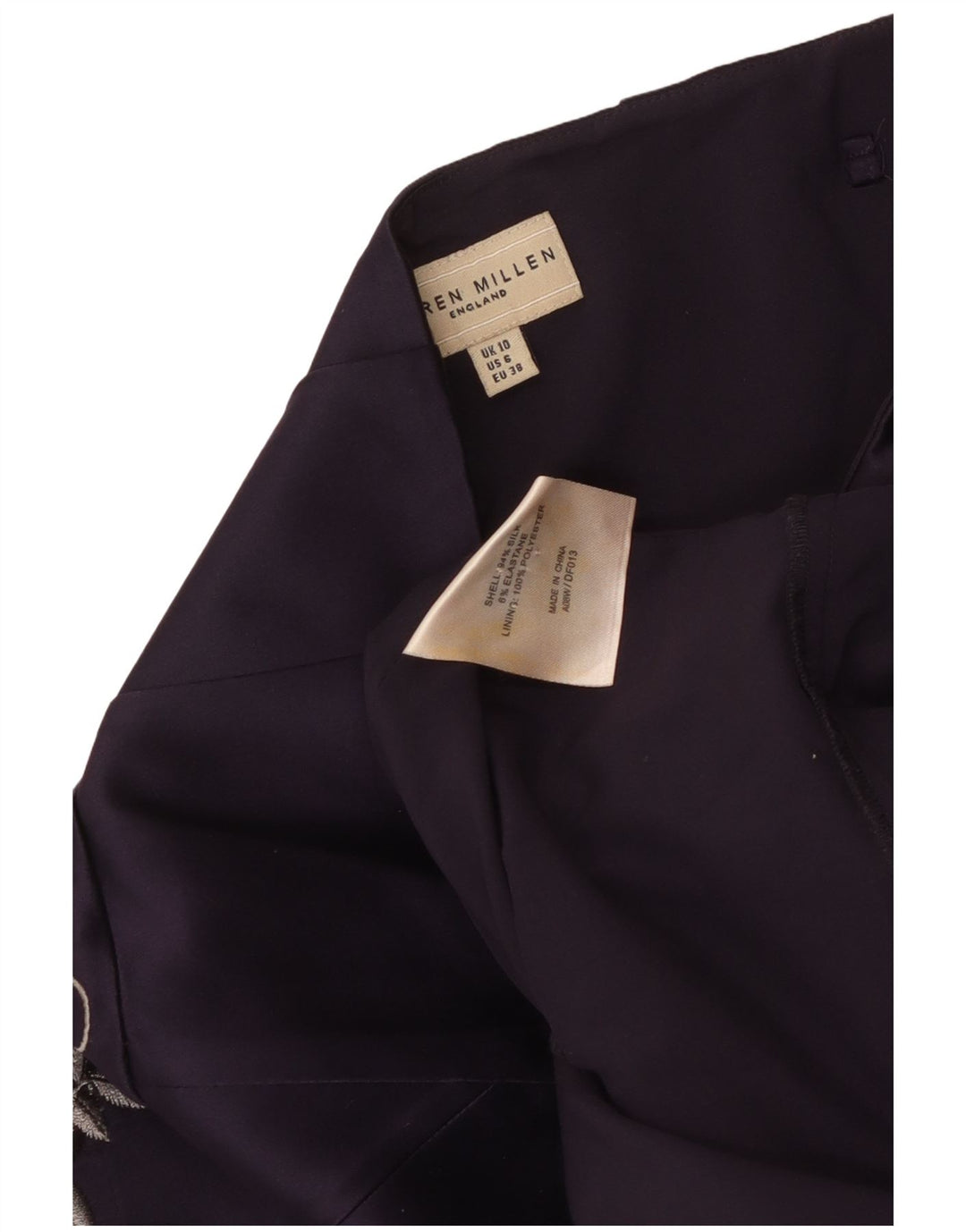 KAREN MILLEN Dame Stropløs Kjole UK 10 Small Purple Floral Silke