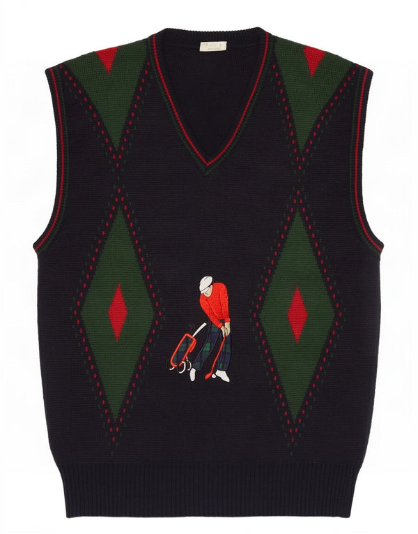 Vintage herre grafisk vest tanktop lille marineblå Argyle/diamant