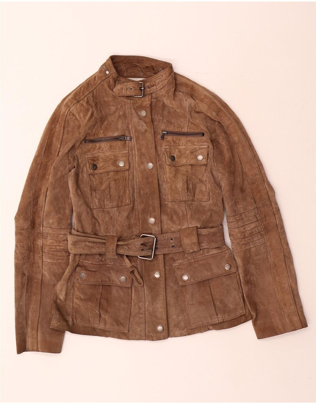 Zara Dame Ruskind Utility Jacket UK 12 Medium Brown Læder