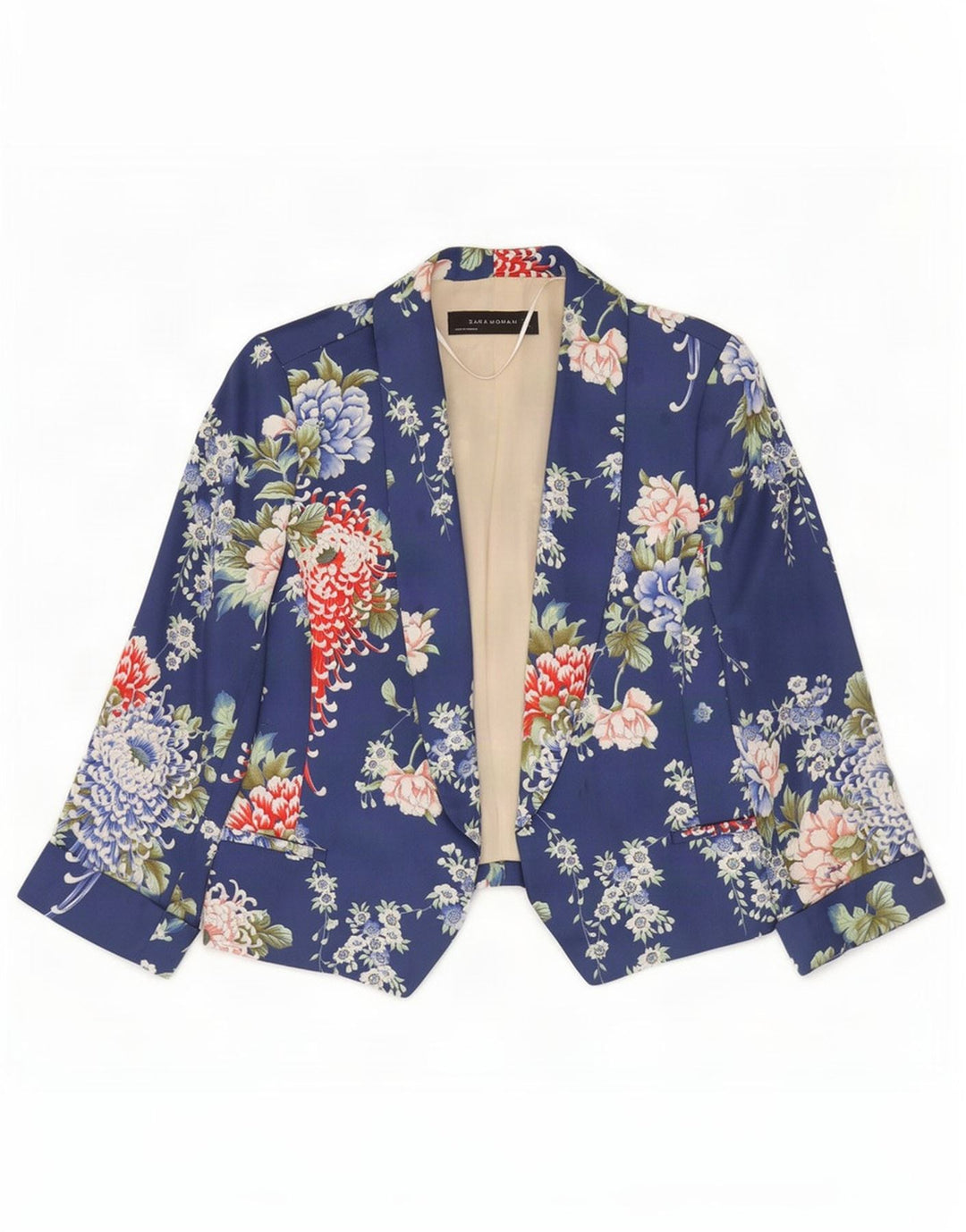 Zara Dame 3/4 ærmet åben Bolero jakke UK 10 Small Blue Floral Polyester