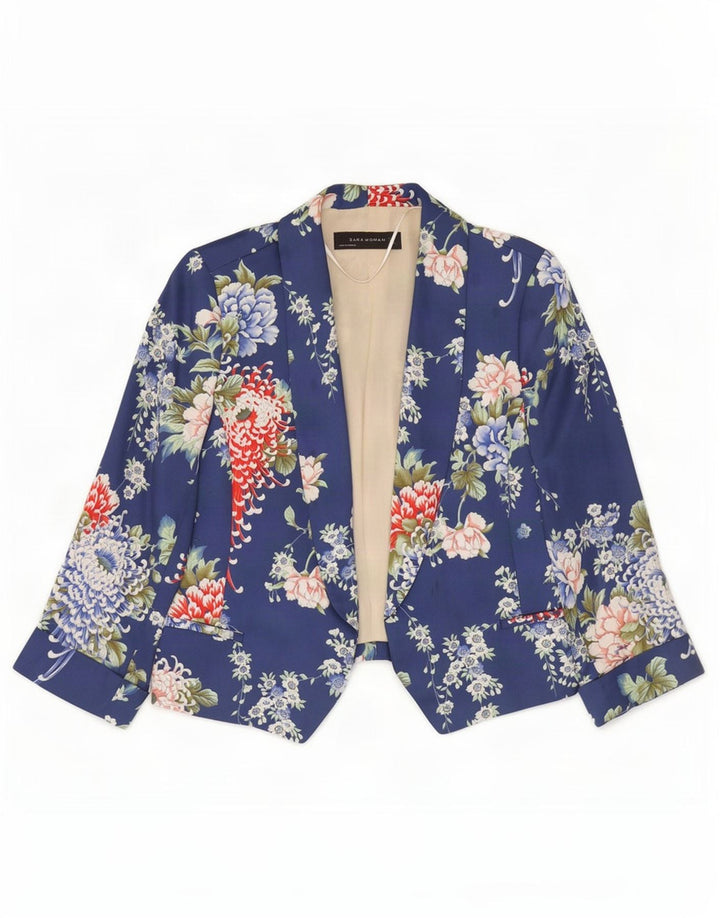 Zara Dame 3/4 ærmet åben Bolero jakke UK 10 Small Blue Floral Polyester