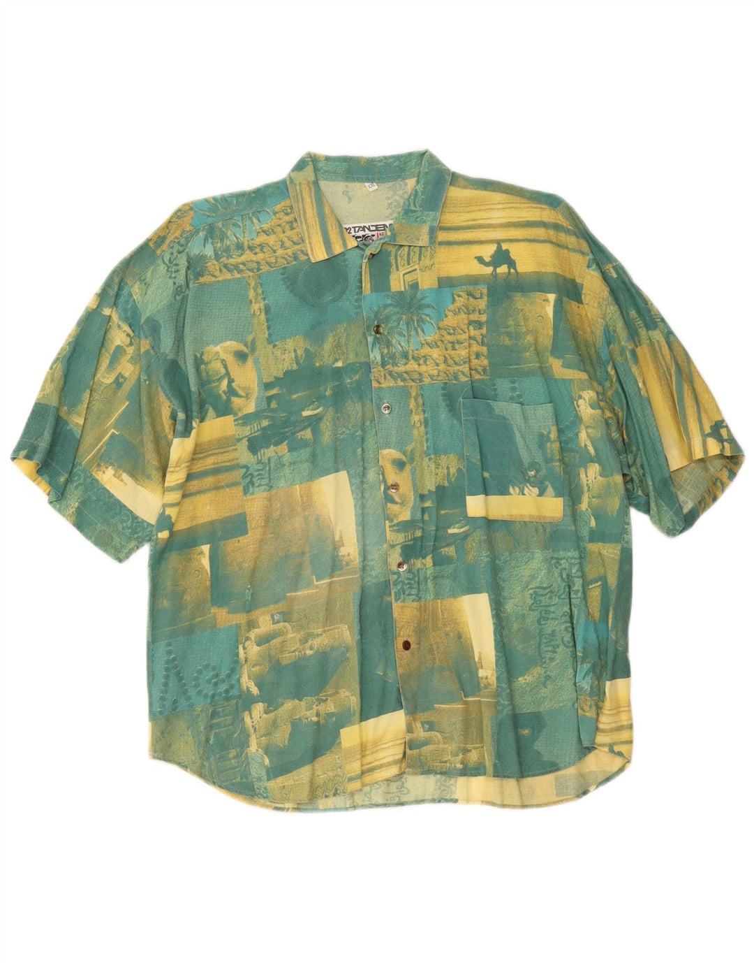 Vintage Herre grafisk kortærmet skjorte 2XL Grøn Patchwork Bomuld