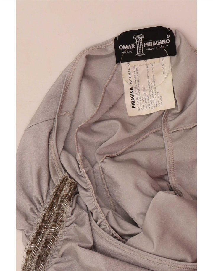 Vintage Kvinder One Shoulder Kjole UK 12 Medium Sølv Polyamid