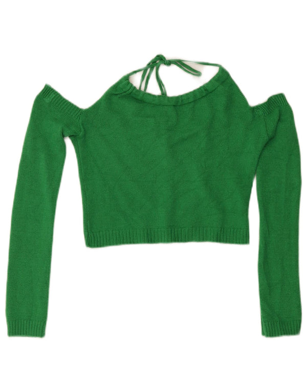 Vintage Kvinders Crop Knit Off Shoulder Halter Top UK 12 Medium Green Viscose