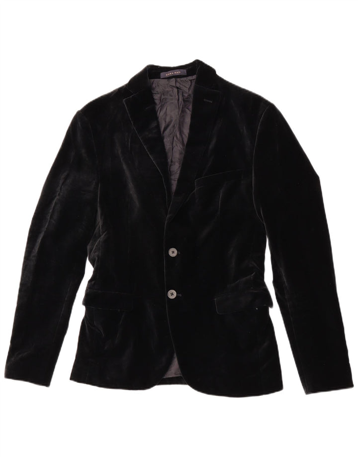 Zara Herre 2 Button Velvet Blazer Jacket EU 46 Small Black Bomuld