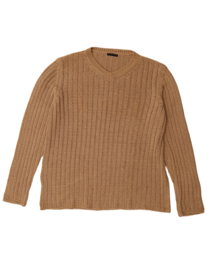 SISLEY Mens V-Neck Jumper Sweater XL Beige Acrylic