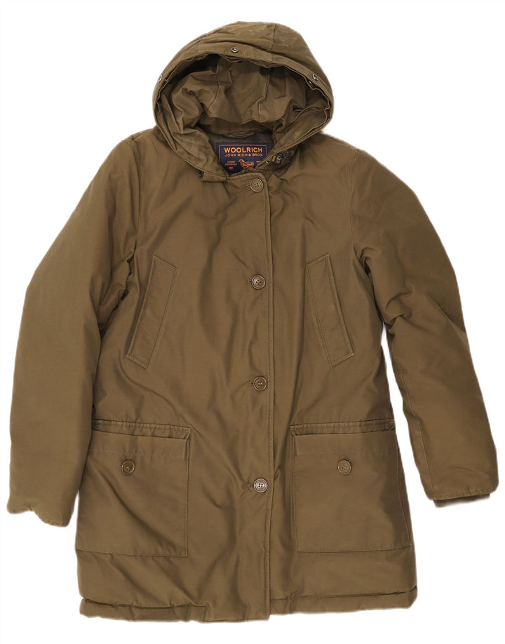 Woolrich Dame Hætte Polstret Frakke UK 14 Medium Khaki Bomuld