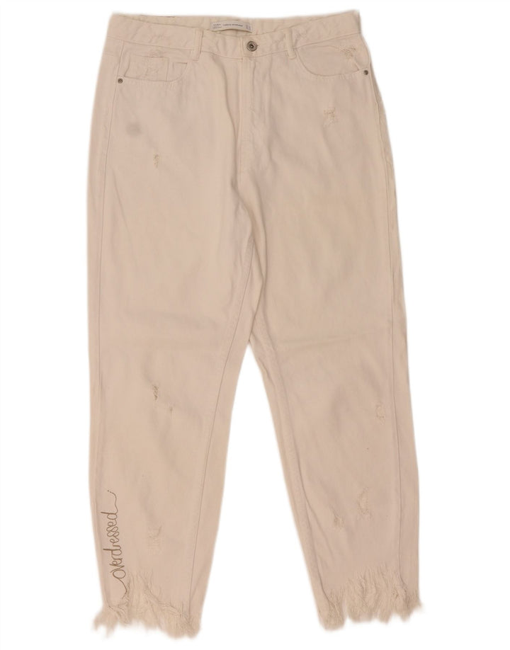 Zara Dame Distressed Tapered Jeans EU 42 Large W32 L26 White