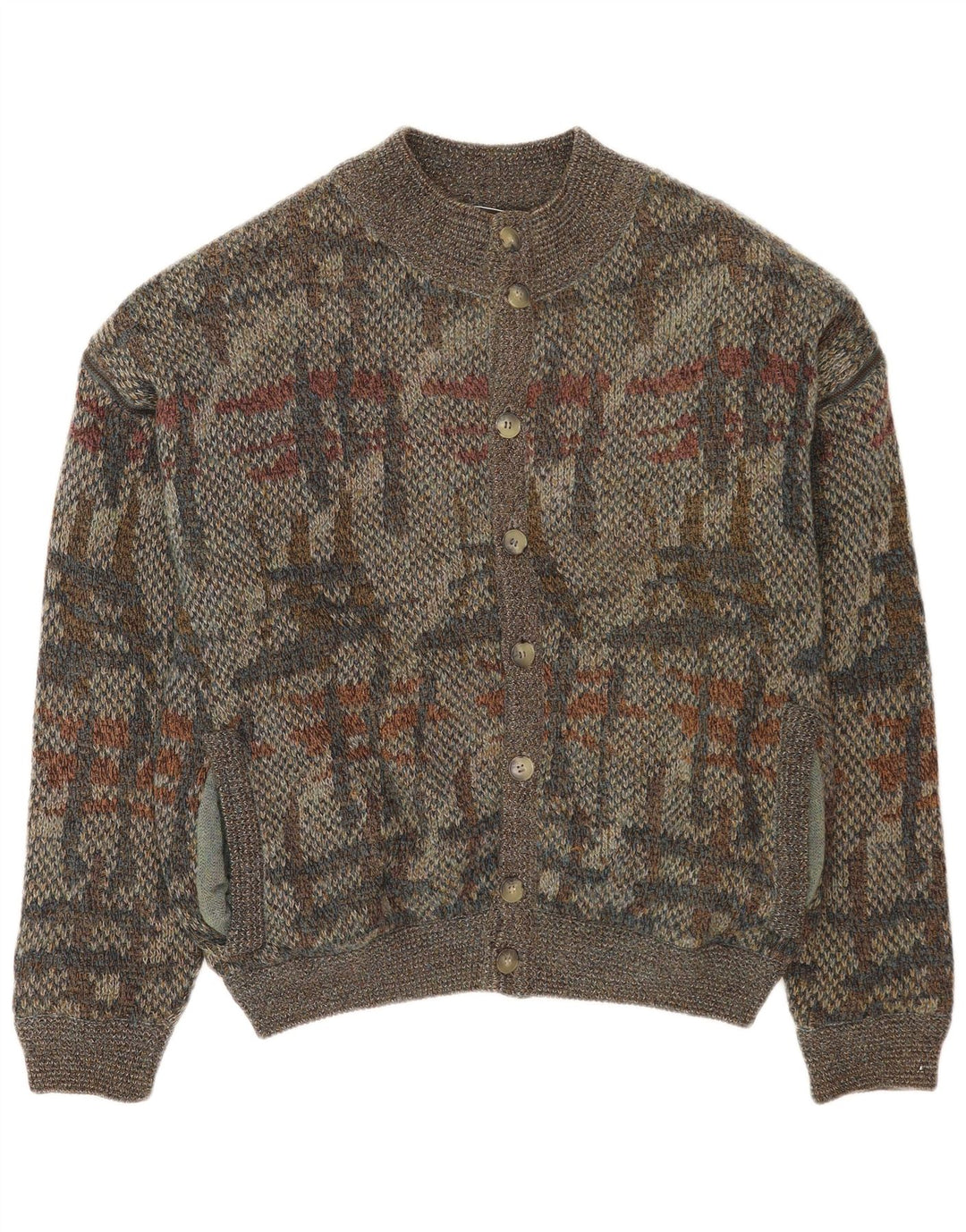 Vintage herre abstrakt mønster cardigan sweater IT 48 mellemgrå uld