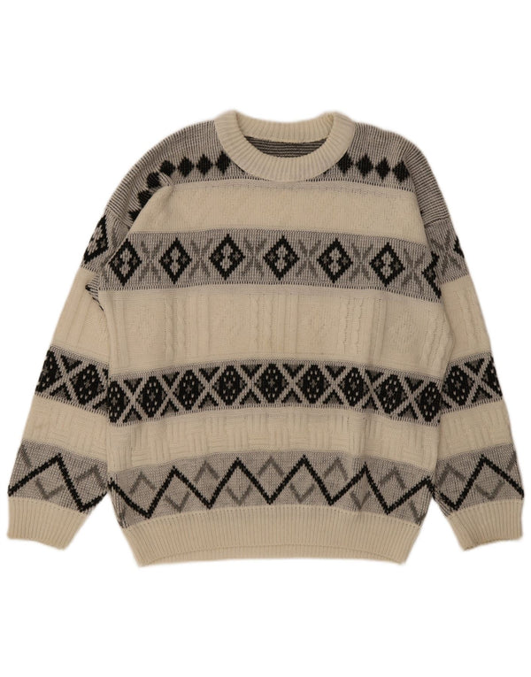 Vintage Herre Boat Neck Jumper Sweater XL Off White Argyle/Diamond
