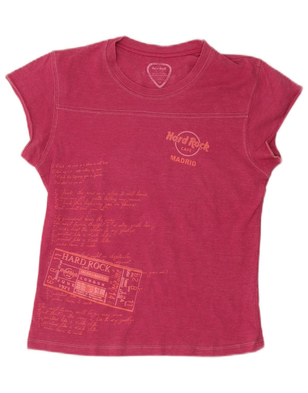 Hard Rock Cafe Dame Madrid Grafisk T-Shirt Top UK 12 Medium Pink Bomuld