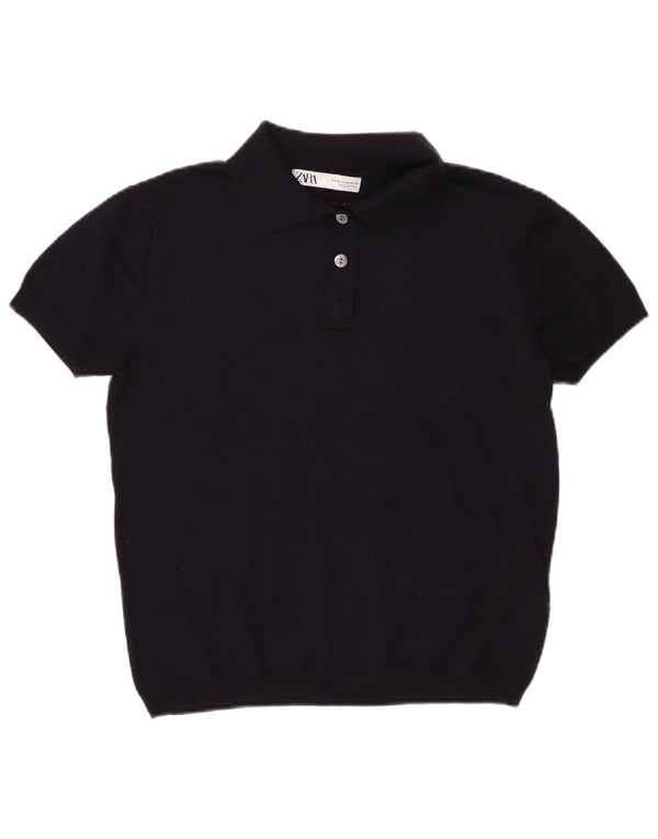 Zara Dame Kortærmet Polo Neck Jumper Sweater UK 12 Medium Navy Blue