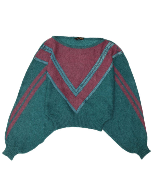 Vintage Dame Crop Boat Neck Jumper Sweater UK 14 Medium Blue Colourblock