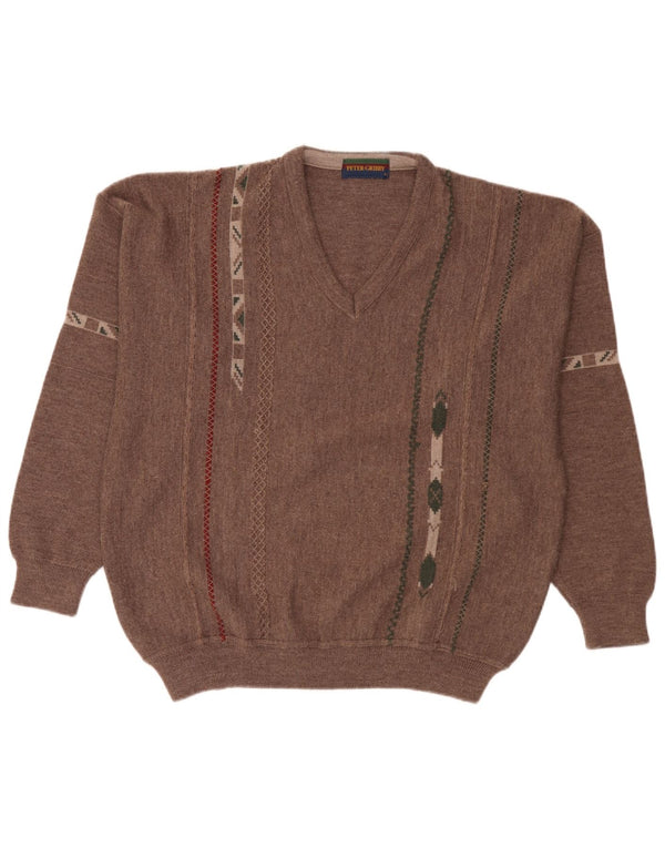 Peter Gribby Mens V-Neck Jumper Sweater XL Brown Geometric Acrylic
