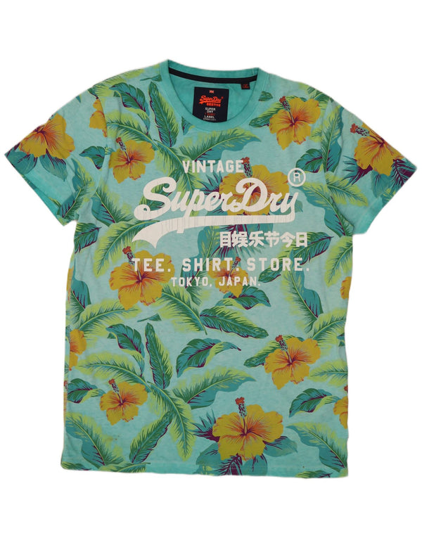 SUPERDRY Herre grafisk T-shirt Top XL Blå blomster bomuld