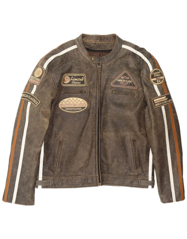 Stina Herre Motorstyle Graphic Læder Racer Jacket UK 42 XL Brun