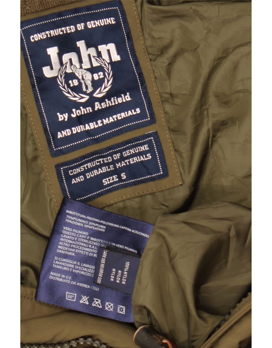 JOHN ASHFIELD Herre hættepolstret frakke UK 36 Small Khaki Nylon