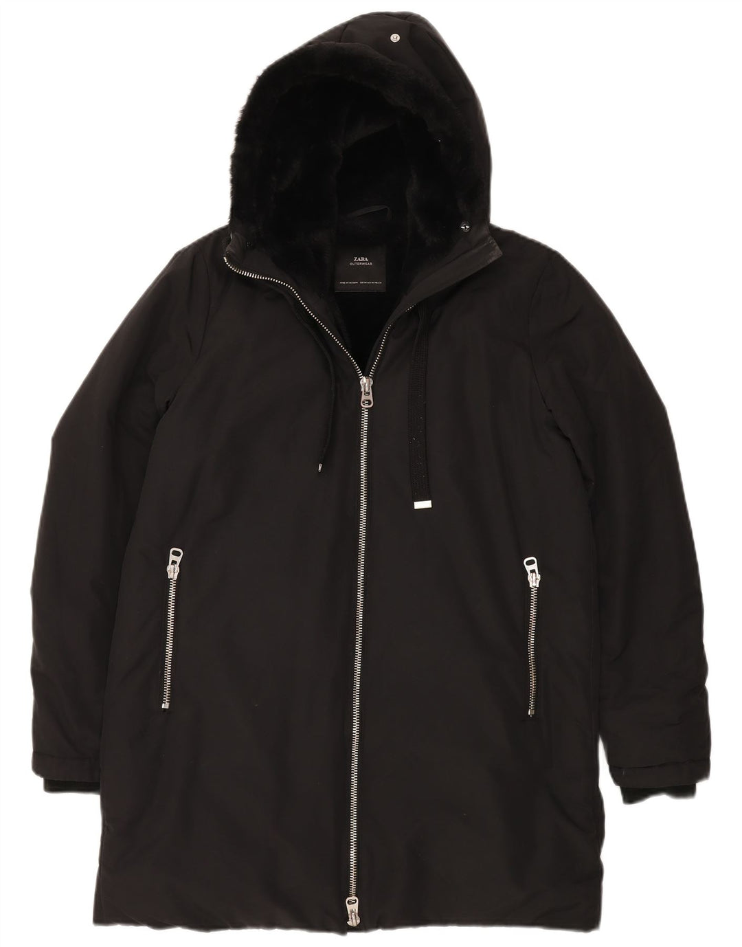 ZARA Sherpa Windbreaker Coat med hætte til kvinder UK 14 Medium Black Polyester
