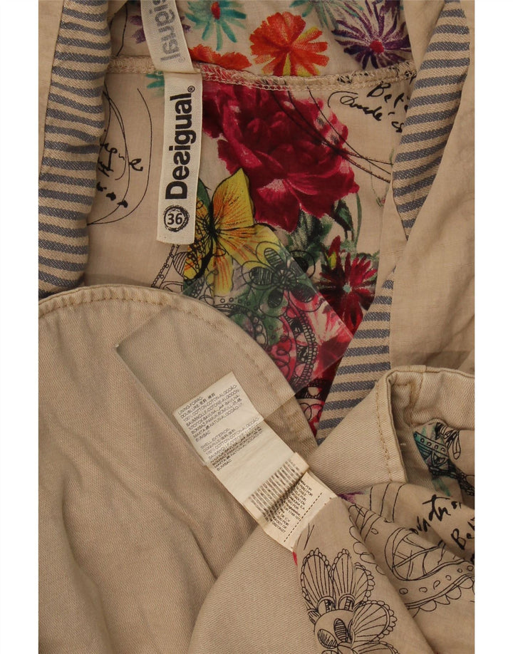 Desigual Womens Crop Bomber Jacket EU 36 Small Beige Colourblock Bomuld
