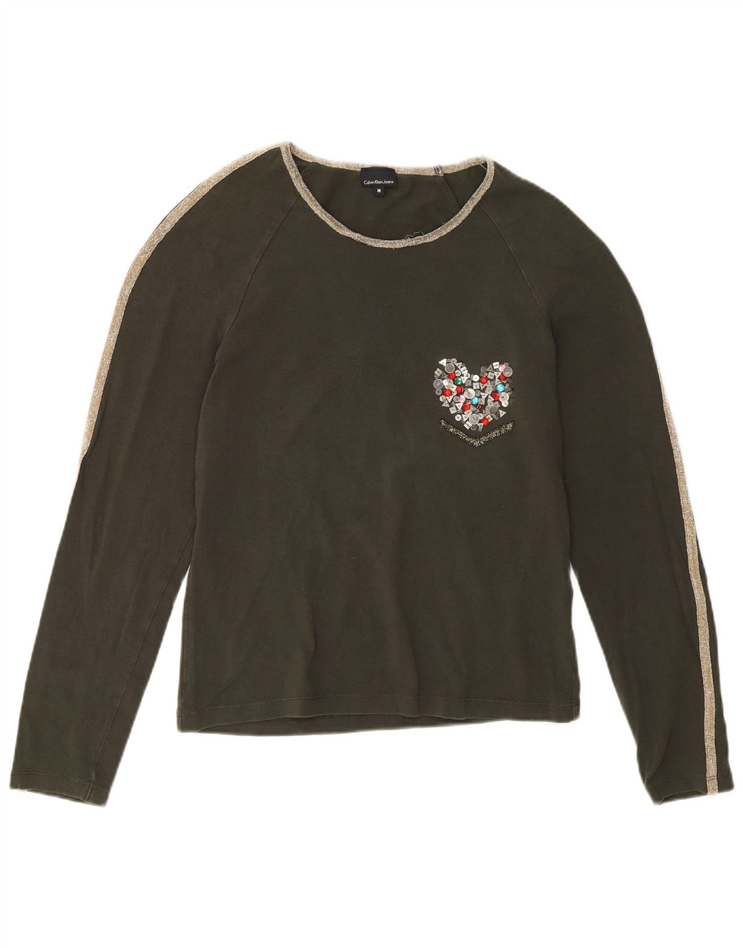Calvin Klein Jeans Dame Top Langærmet UK 12 Medium Khaki Bomuld