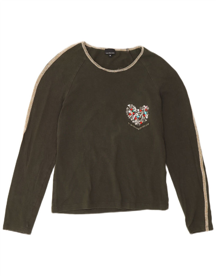 Calvin Klein Jeans Dame Top Langærmet UK 12 Medium Khaki Bomuld