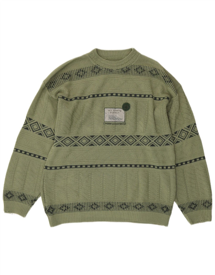 Vintage Herre grafisk rund hals sweater mellemgrøn geometrisk