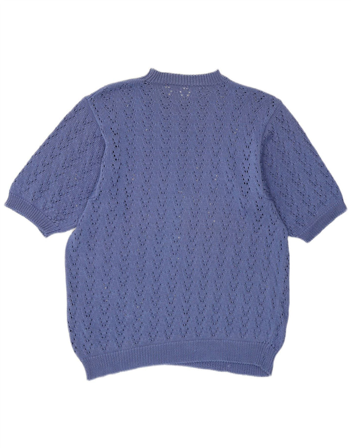 Vintage Womens See Through Crew Neck Jumper Sweater UK 14 Medium Blue