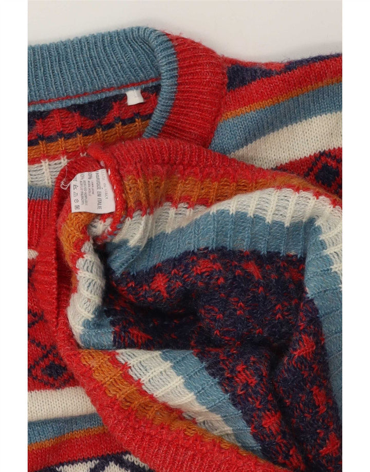 Vintage herre rund hals sweater stor flerfarvet geometrisk uld