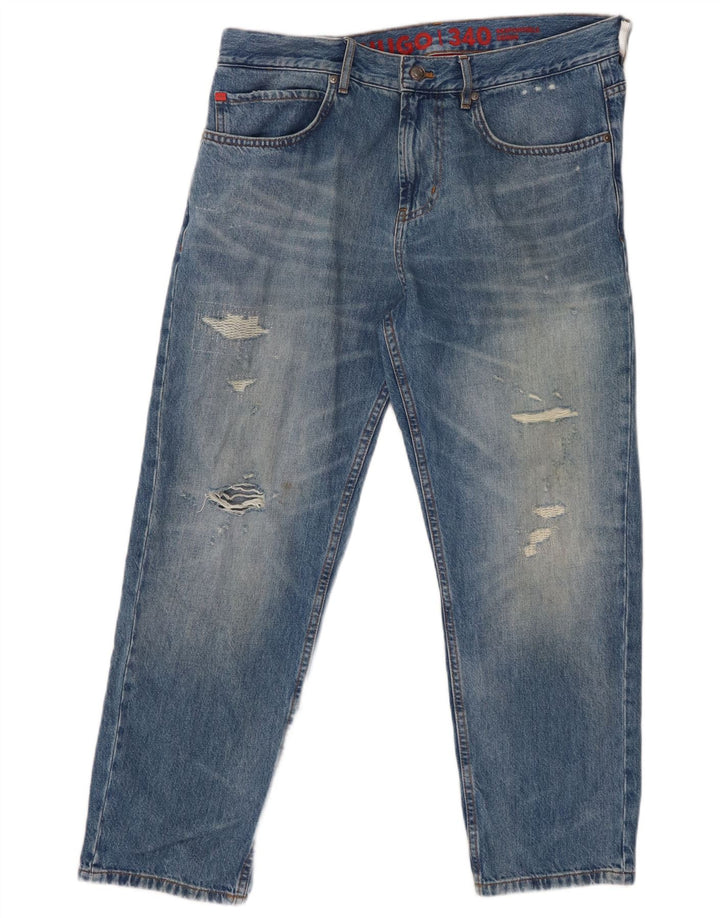 HUGO BOSS Herre Distressed Straight Jeans W34 L27 Blå Bomuld