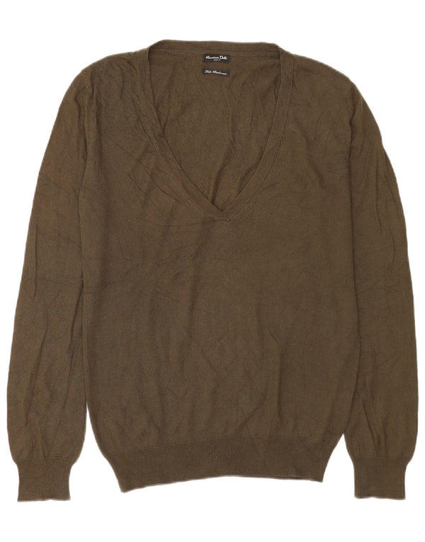 Massimo Dutti Womens V-Neck Jumper Sweater UK 14 Medium Khaki Silk