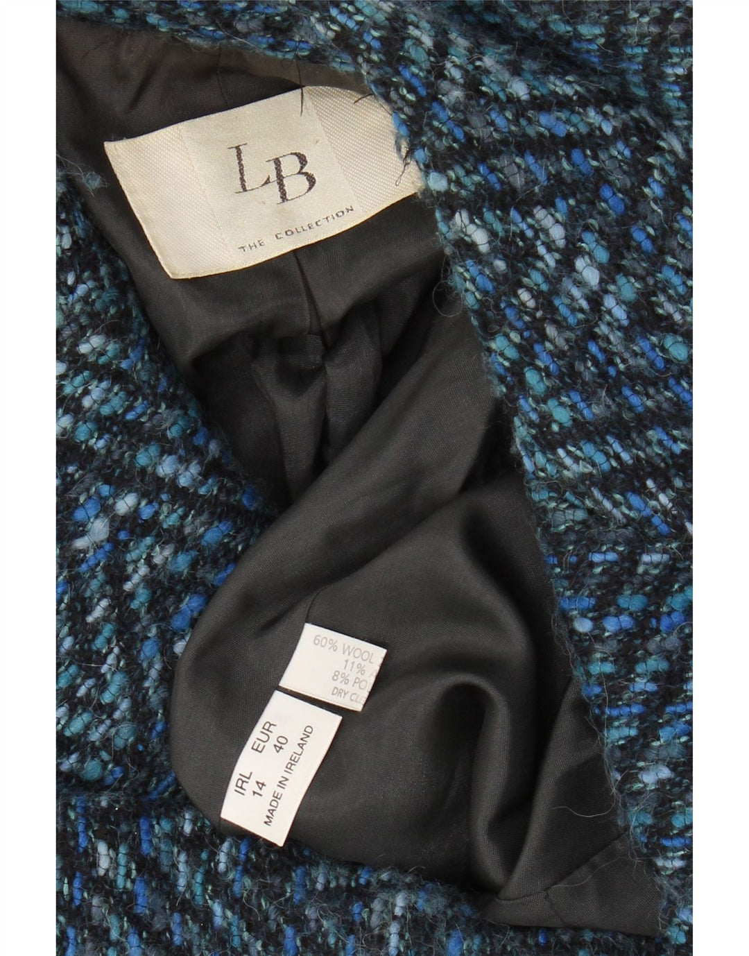 VINTAGE Dame 3-knaps blazerjakke UK 14 Medium Blue Chevron Wool