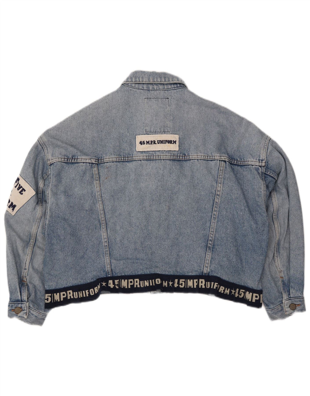 UNIFORM Dame Crop Graphic Denim Jacket UK 14 Large Blue