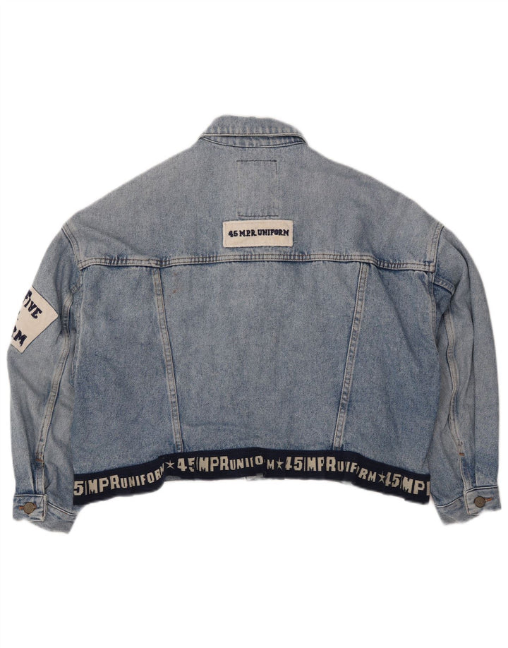 UNIFORM Dame Crop Graphic Denim Jacket UK 14 Large Blue