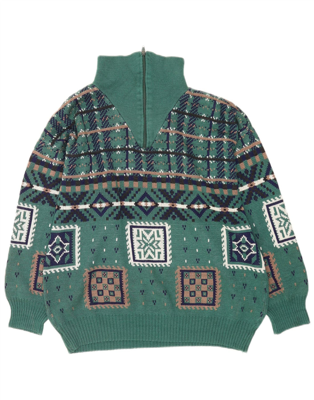 Vintage herre lynlås-hals sweater stor grøn geometrisk polyakryl