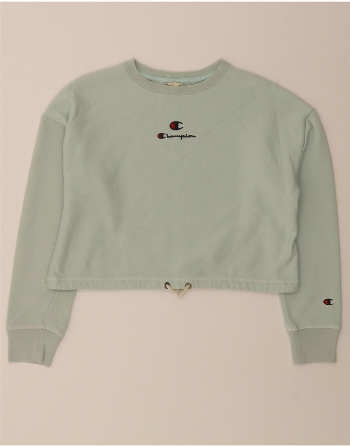 CHAMPION Womens Oversized Crop Sweatshirt Jumper UK 10 Small Turquoise Vintage Champion and Second-Hand Champion from Messina Hembry 
