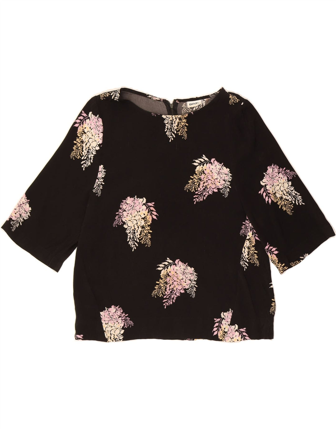DKNY Womens Blouse Top UK 12 Medium Black Floral Polyester Vintage Dkny and Second-Hand Dkny from Messina Hembry 