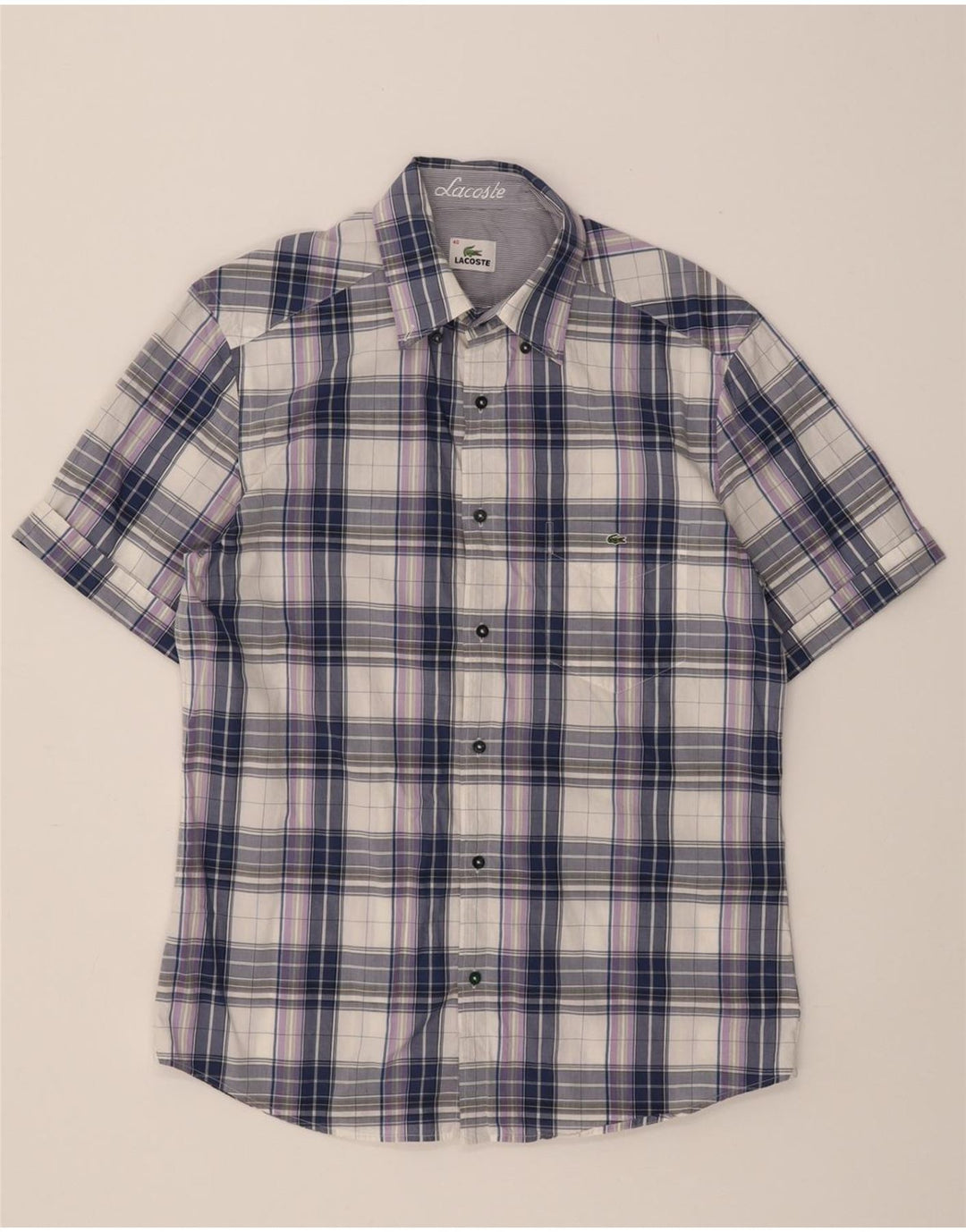 LACOSTE Mens Short Sleeve Shirt Size 40 Medium Navy Blue Check Cotton Vintage Lacoste and Second-Hand Lacoste from Messina Hembry 