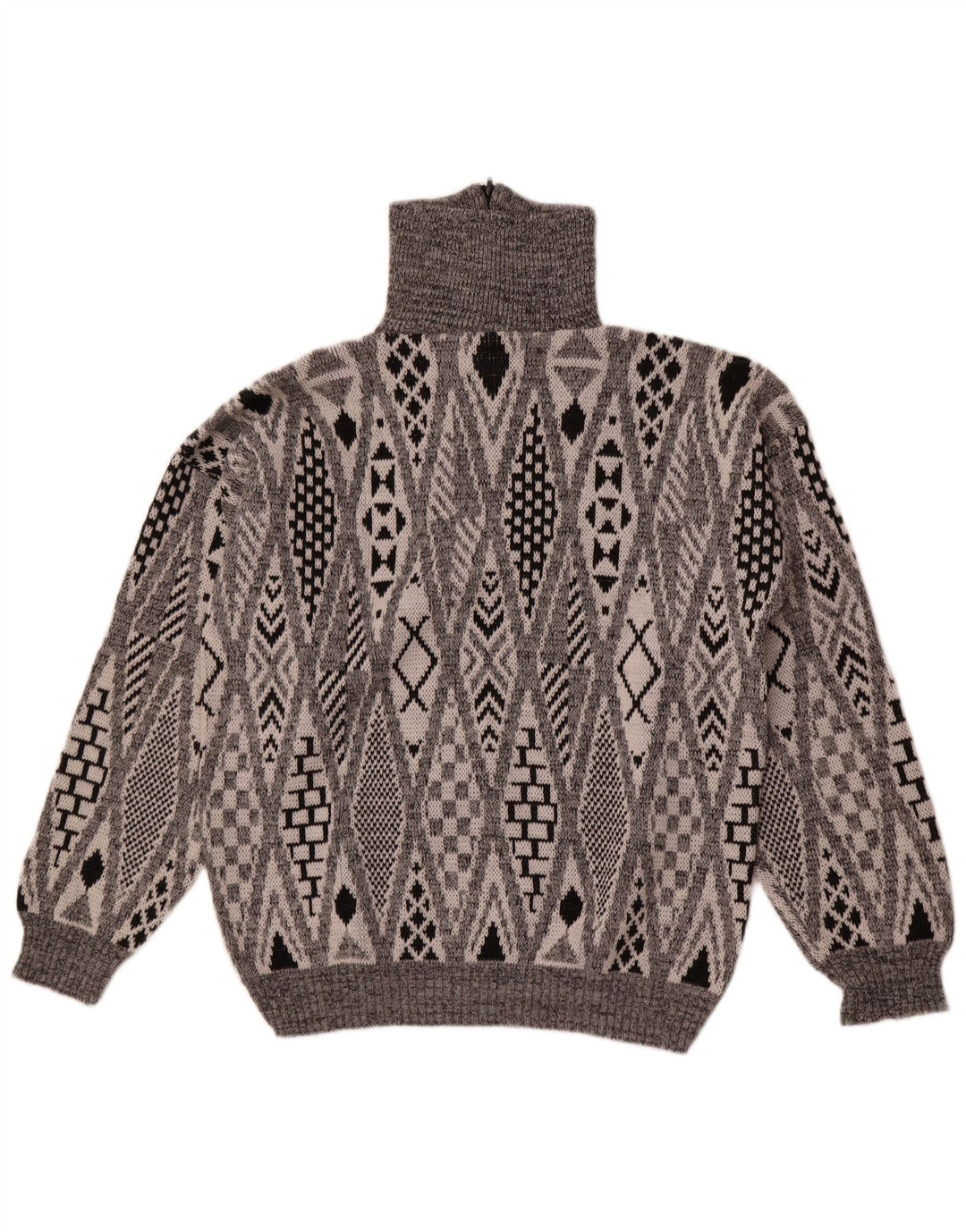 Vintage herre lynlås-hals sweater stor grå geometrisk akryl