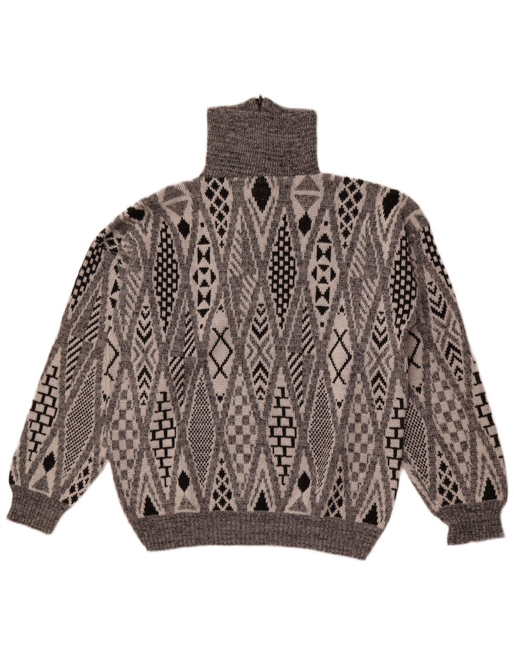 Vintage herre lynlås-hals sweater stor grå geometrisk akryl