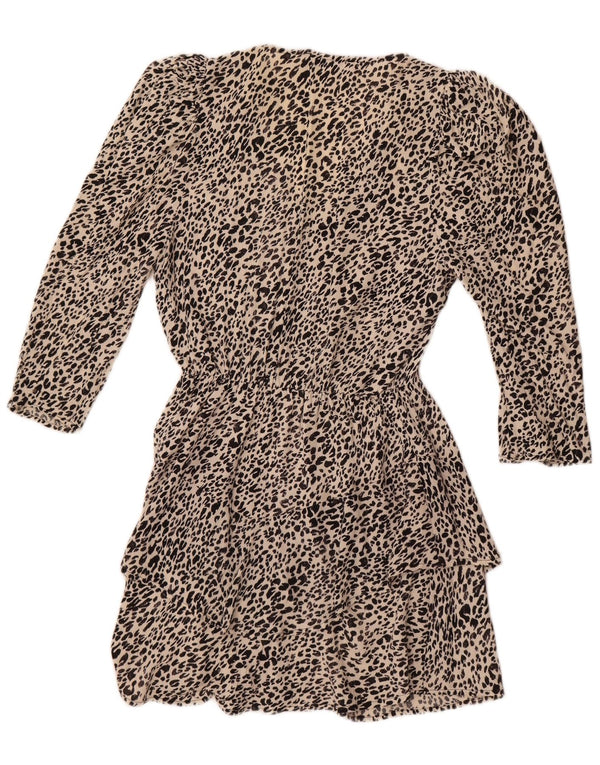 Zara Dame Langærmet Tiered Dress UK 10 Small Beige Animal Print