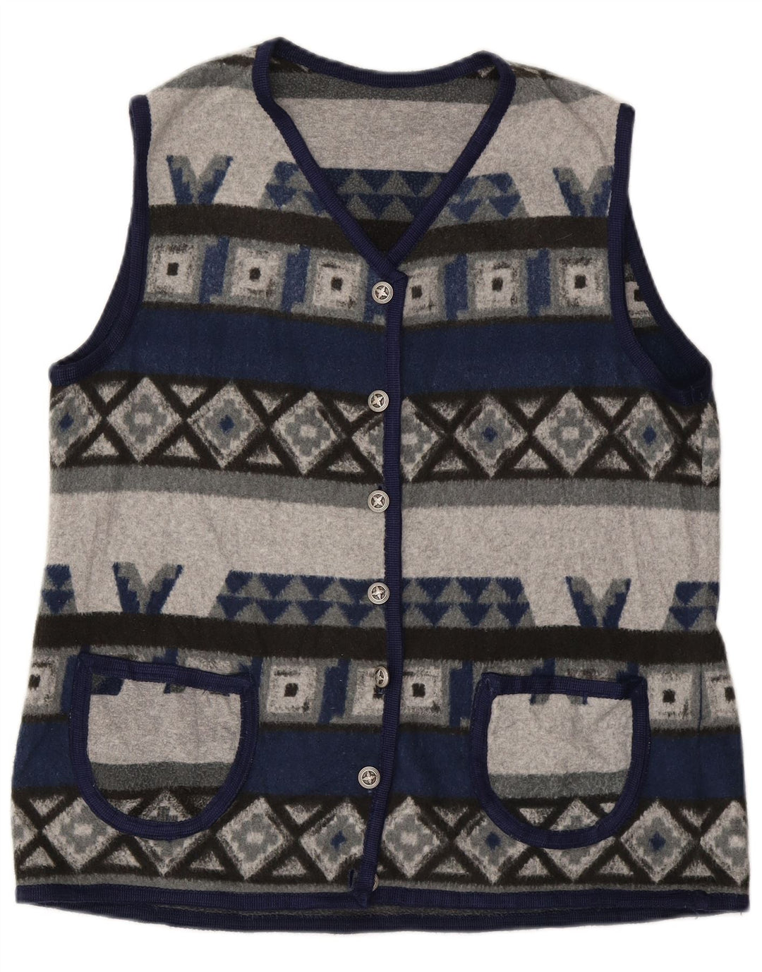 VINTAGE Dame Fleece Gilet UK 16 Large Navy Blue Geometric