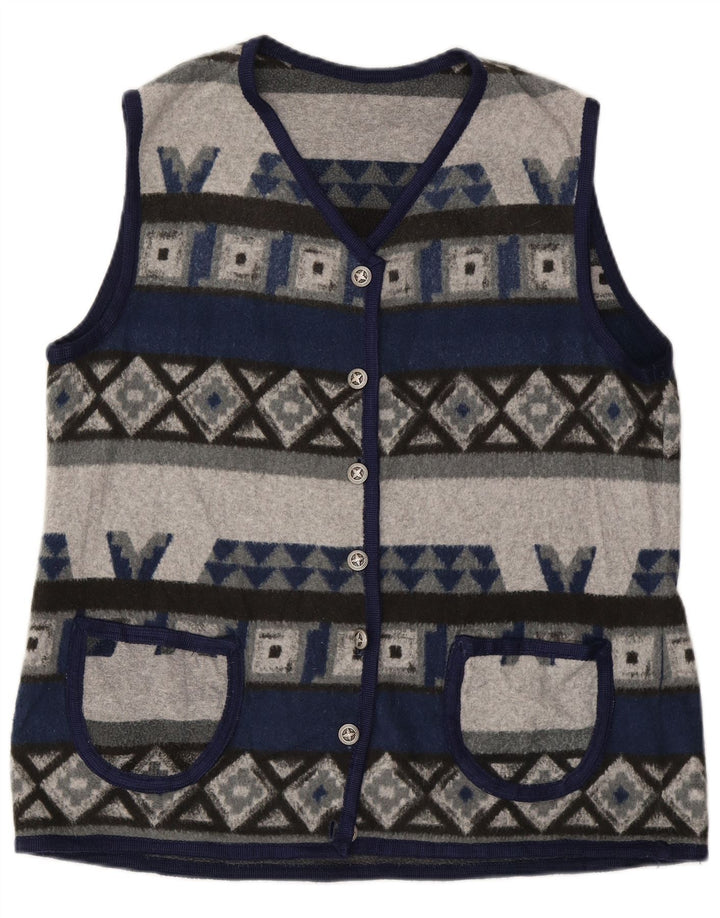 VINTAGE Dame Fleece Gilet UK 16 Large Navy Blue Geometric