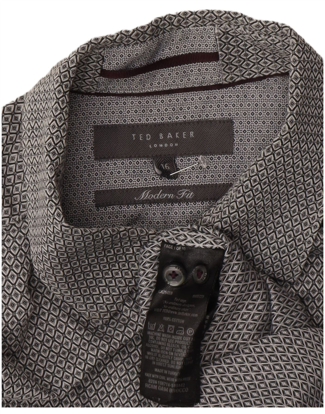 Ted Baker Herre Modern Fit skjorte str. 16 Large Grå Geometrisk